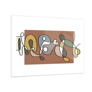 Billede på glas - Farverig abstraktion med en sort linje på en brun baggrund - 70x50cm - En abstraktion, der er værd at smile over - Moderne vægdekoration til stue og soveværelse ARTTOR