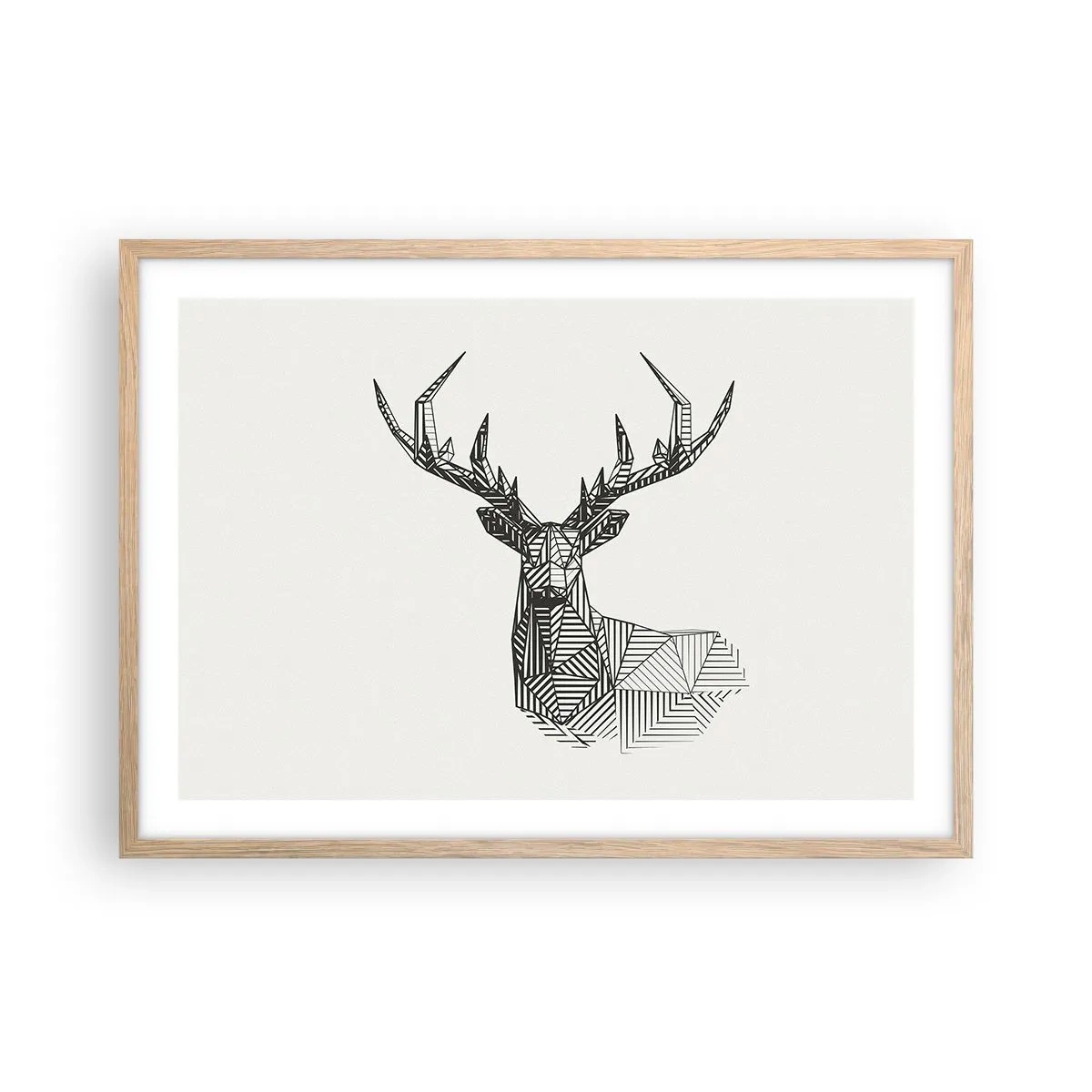 Plakat i ramme af lyst egetræ - Hjorte i kubistisk stil - 70x50 cm