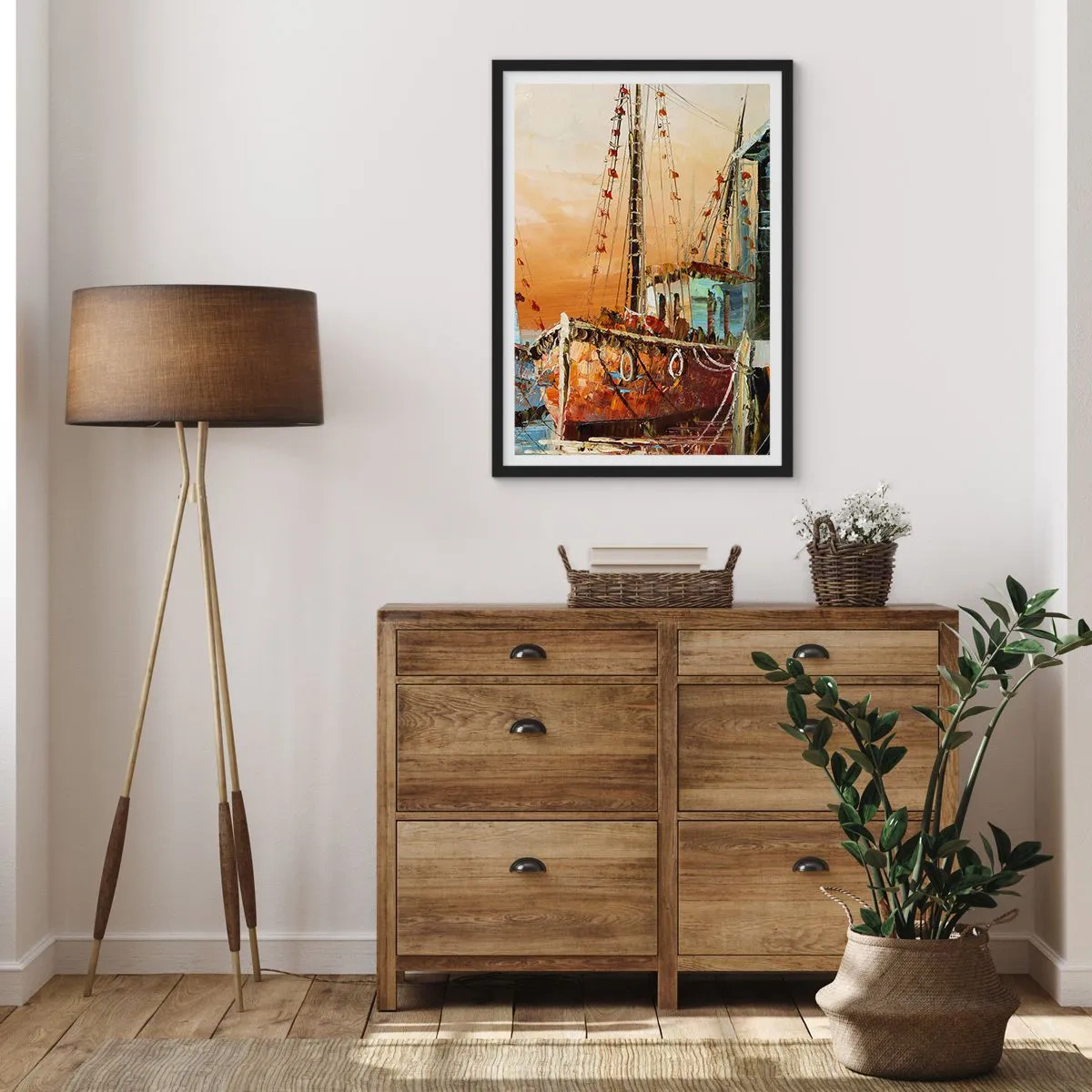 Plakat i sort ramme - Et sejlskib mod en baggrund af den nedgående sol - 50x70cm - Fredelig tilbagevenden - Moderne vægdekoration til stue og soveværelse ARTTOR