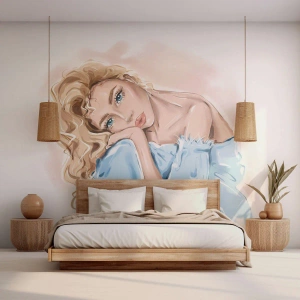 Fototapet Premium Canvas - Drømmende i blåt - Kvinde, Mode, Grafik - 300x210 cm