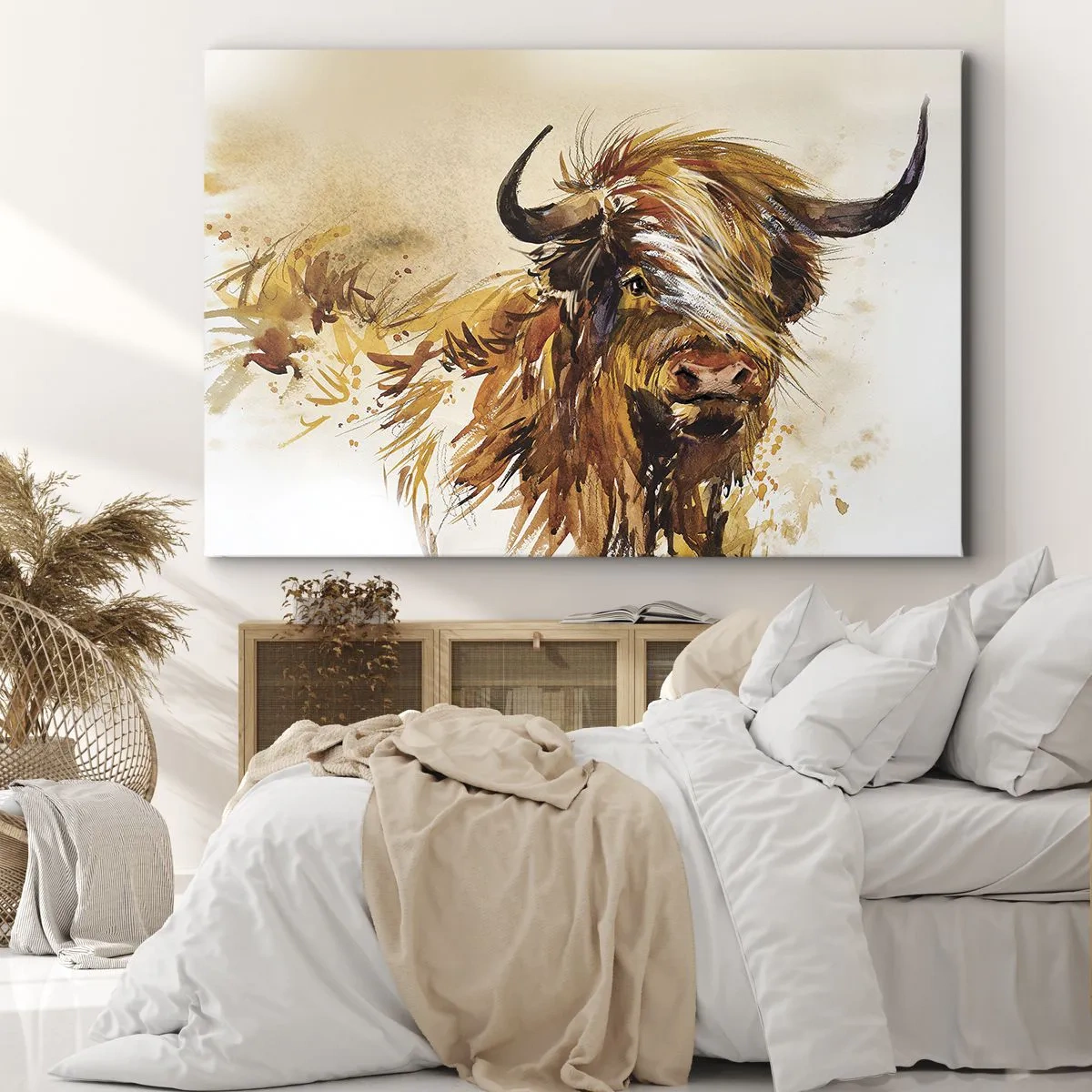 Lærredstryk - Billede på lærred - Portræt af en tyr i kunstnerisk akvarelstil - 70x50cm - Jægerens stolthed - Moderne vægdekoration til stue og soveværelse ARTTOR