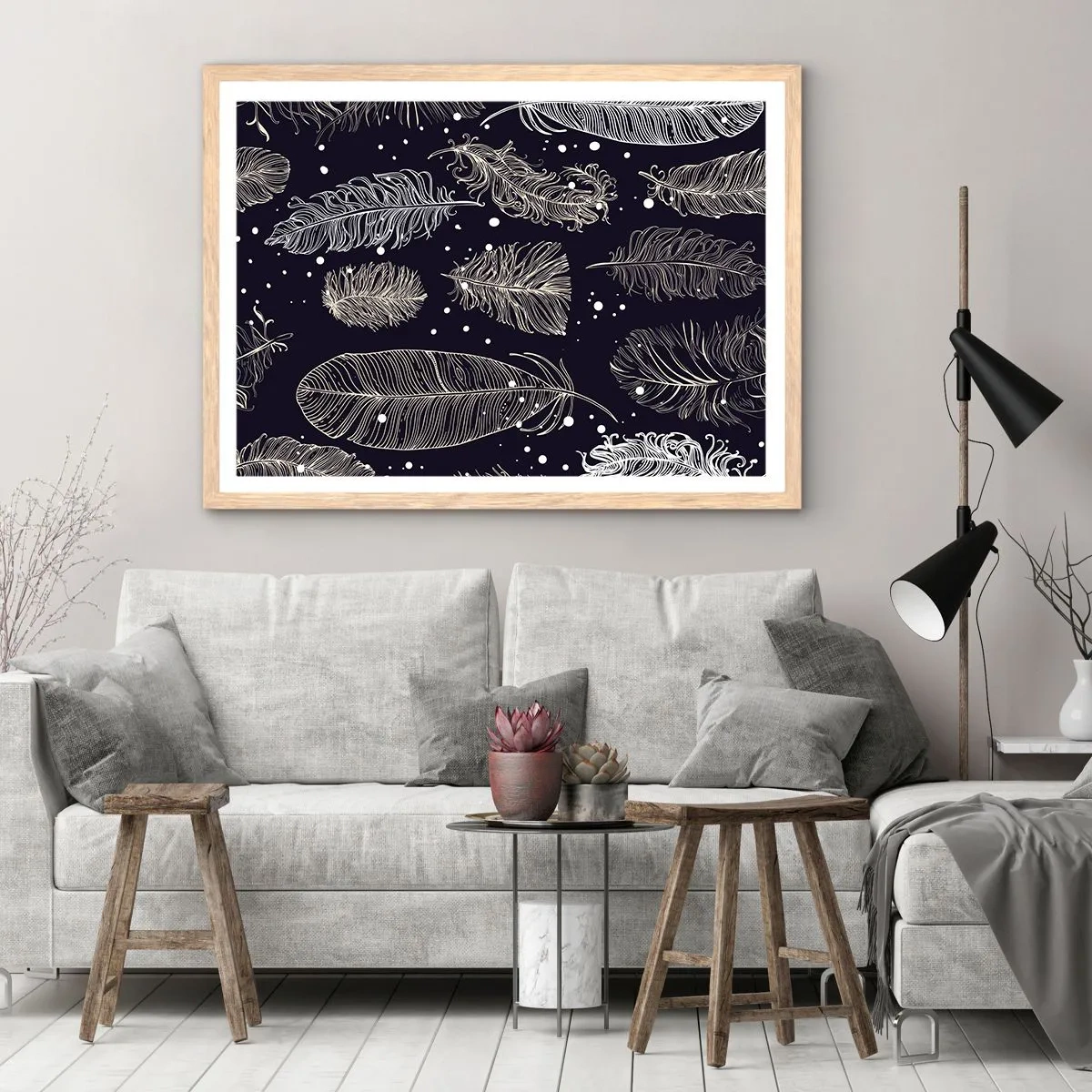Plakat i ramme af lyst egetræ - Fjerede blonder - 91x61 cm