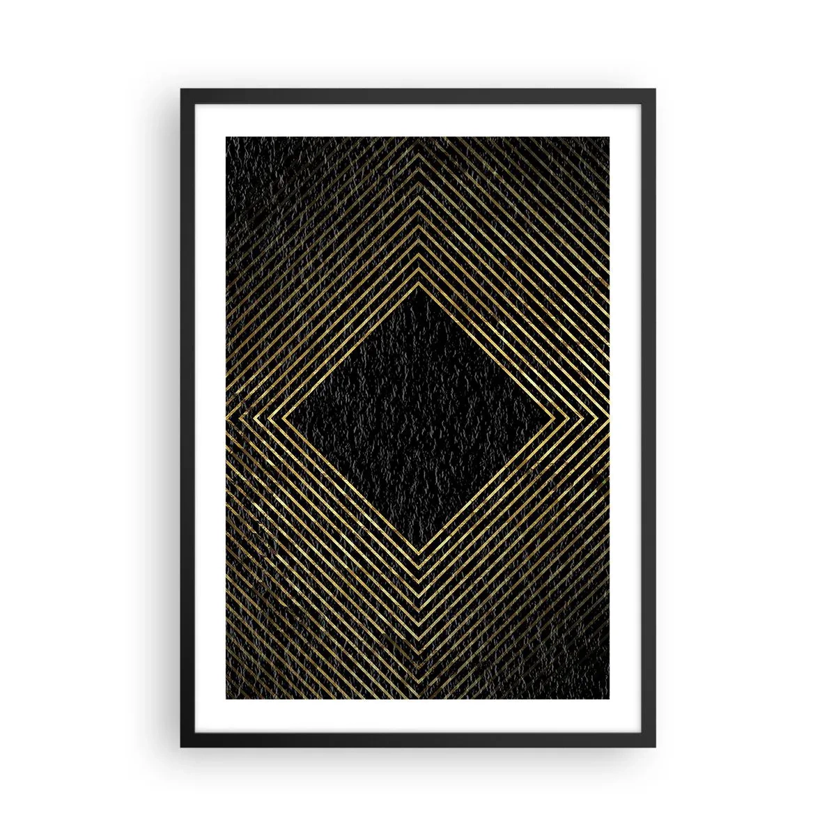 Plakat i sort ramme - Gyldne geometriske linjer på en sort baggrund - 50x70cm - Geometri i glamour-stil - Moderne vægdekoration til stue og soveværelse ARTTOR
