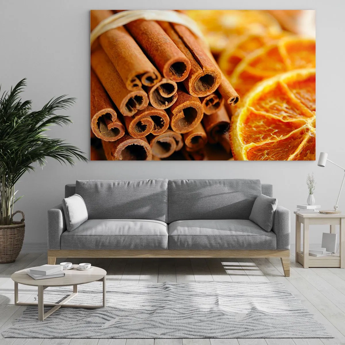 Billede på glas - Nærbillede af kanelstænger og tørrede appelsinskiver - 70x50cm - Kan du lugte deres duft? - Moderne vægdekoration til stue og soveværelse ARTTOR
