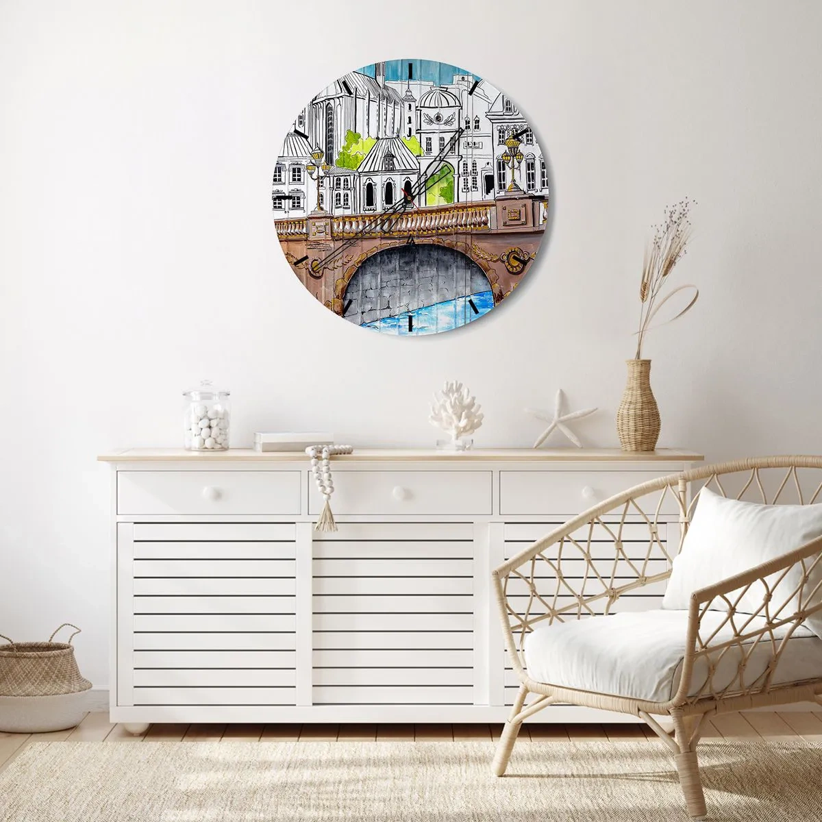 Vægur, Uret - Illustration af byarkitektur med en bro - 30x30cm - Byen som den er malet - Moderne vægdekoration til stue, køkken og soveværelse ARTTOR