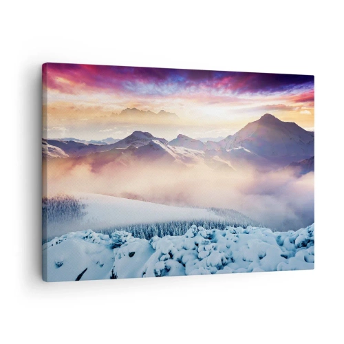 Lærredstryk - Billede på lærred - Snedækkede bjerge ved daggry med en farverig himmel - 70x50cm - Naturens kraft og renhed - Moderne vægdekoration til stue og soveværelse ARTTOR