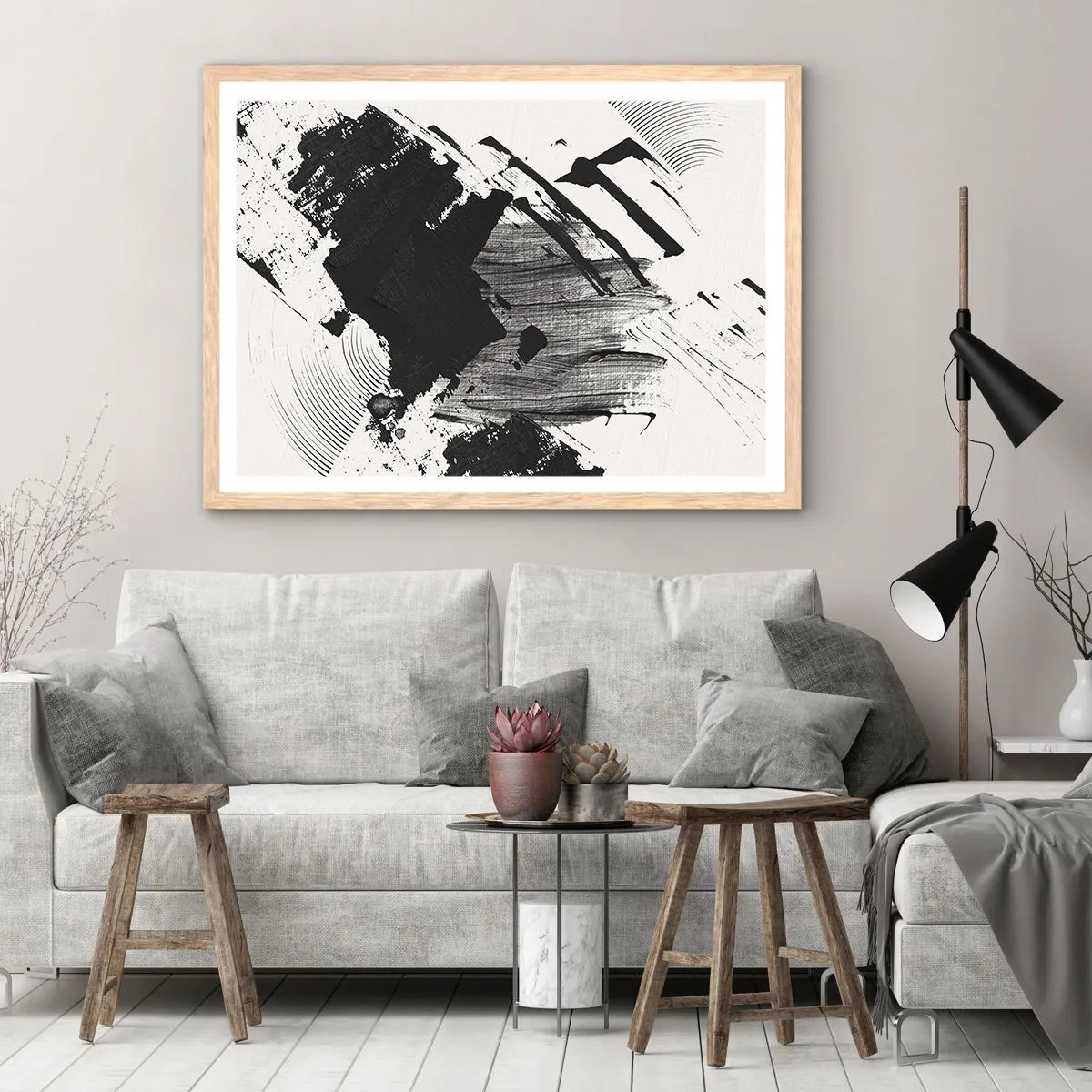 Plakat i ramme af lyst egetræ - Abstraktion - det sortes udtryk - 100x70 cm