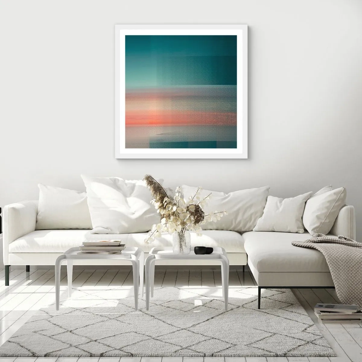 Plakat i hvid ramme - Abstraktion: bølger af lys - 30x30 cm