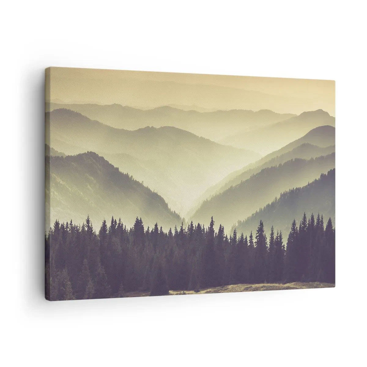 Lærredstryk - Billede på lærred - Maleriske bjergkæder indhyllet i tåge i varmt lys - 70x50cm - Bag de syv bjerge... - Moderne vægdekoration til stue og soveværelse ARTTOR