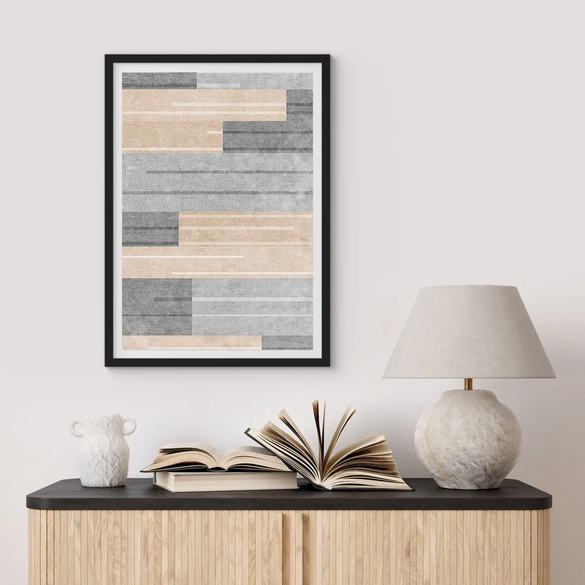 Plakat i sort ramme - En moderne geometrisk komposition i nuancer af grå og beige - 50x70cm - Komposition: hold den lodret - Moderne vægdekoration til stue og soveværelse ARTTOR