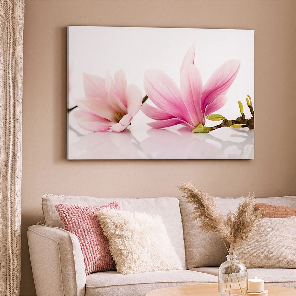 Lærredstryk - Billede på lærred - Delikate lyserøde magnolier på en hvid baggrund - 70x50cm - Blød som et åndedrag af forår - Moderne vægdekoration til stue og soveværelse ARTTOR