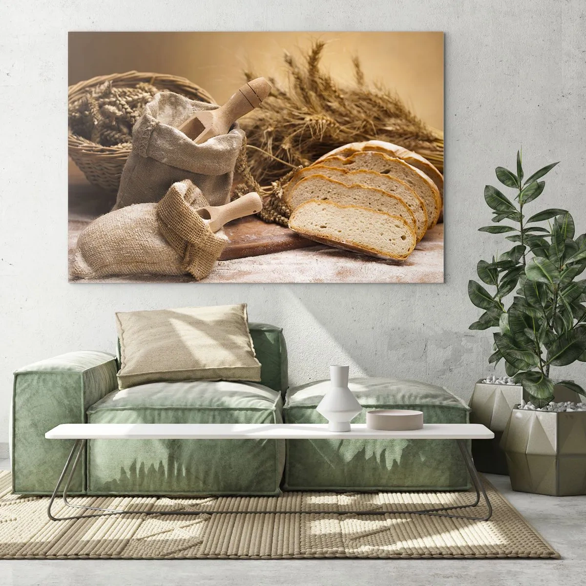 Billede på glas - Brød, mel og kornaks i rustik stil - 70x50cm - Som skåret en kniv - Moderne vægdekoration til stue og soveværelse ARTTOR