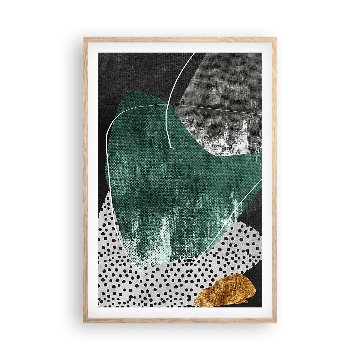 Plakat i ramme af lyst egetræ - Farverig abstraktion med en guldflager - 61x91 cm