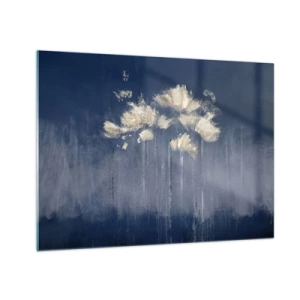 Billede på glas - Abstrakt blomsterarrangement af guld på en marineblå baggrund - 70x50cm - Som kronblade i vinden - Moderne vægdekoration til stue og soveværelse ARTTOR