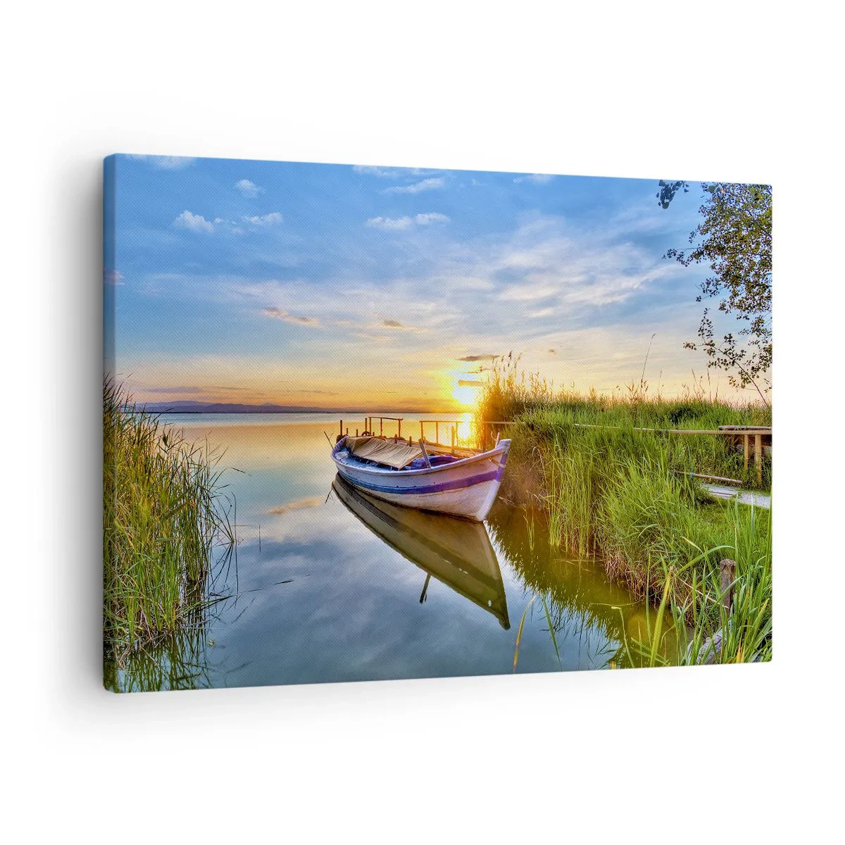 Lærredstryk - Billede på lærred - En båd i en stille bugt ved solnedgang - 70x50cm - Bugt med opfyldte drømme - Moderne vægdekoration til stue og soveværelse ARTTOR
