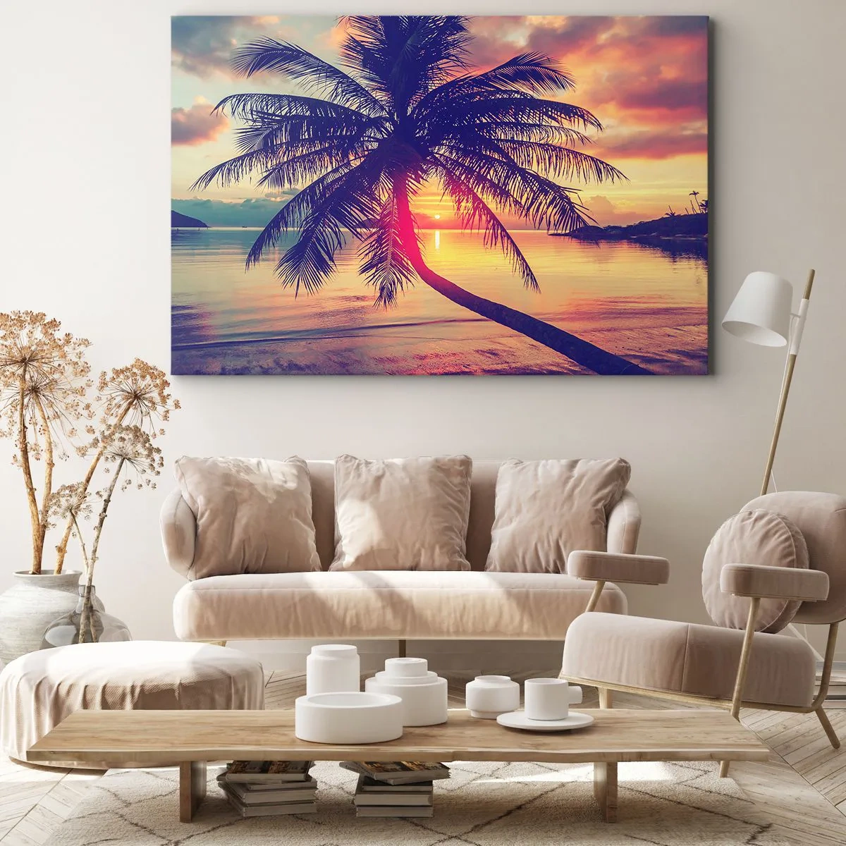 Lærredstryk - Billede på lærred - Solnedgang med et palmetræ over en stille kyst - 70x50cm - En aften under palmerne - Moderne vægdekoration til stue og soveværelse ARTTOR
