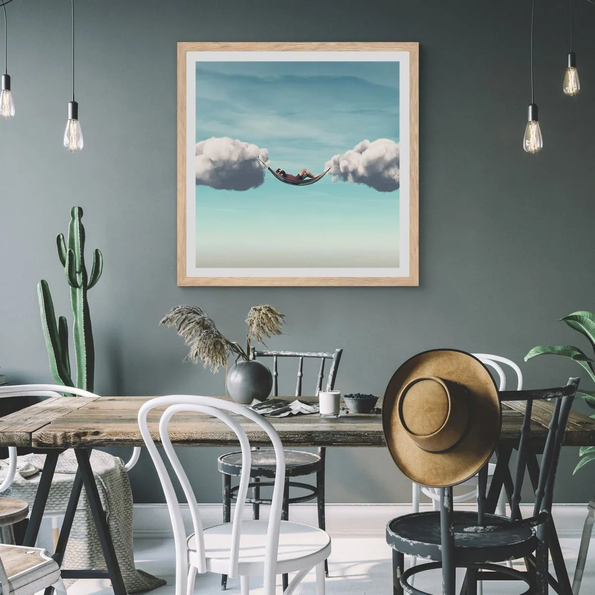 Plakat i ramme af lyst egetræ - Lykken i øjeblikket - 40x40 cm