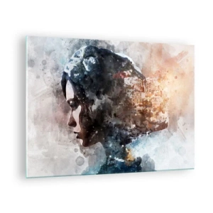 Billede på glas - En profil i akvarelstil af en kvinde med en by i baggrunden. - 70x50cm - Historien om en pige med en by i baggrunden - Moderne vægdekoration til stue og soveværelse ARTTOR
