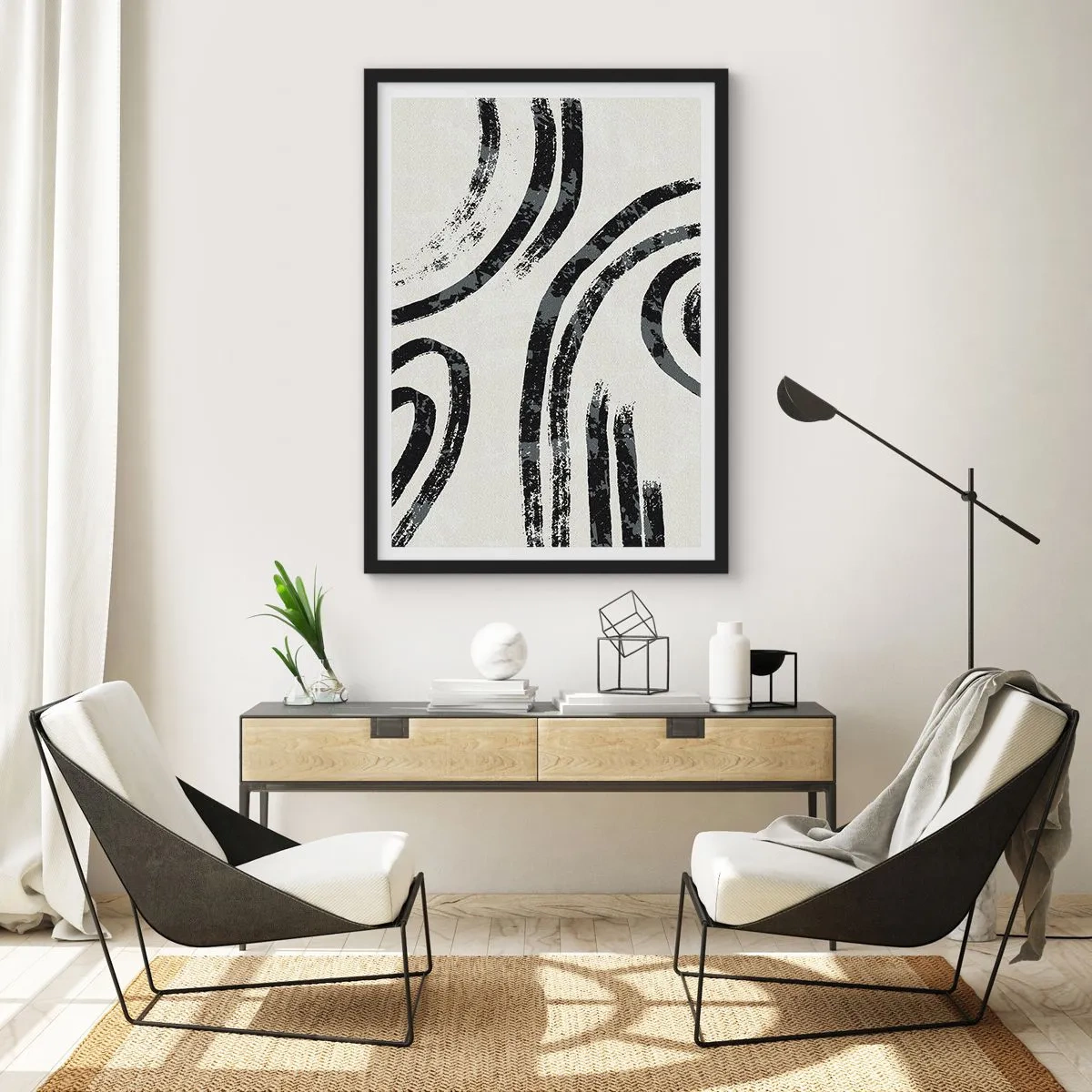 Plakat i sort ramme - Abstrakte sorte linjer på en lys baggrund - 50x70cm - Halvt stoppet - Moderne vægdekoration til stue og soveværelse ARTTOR