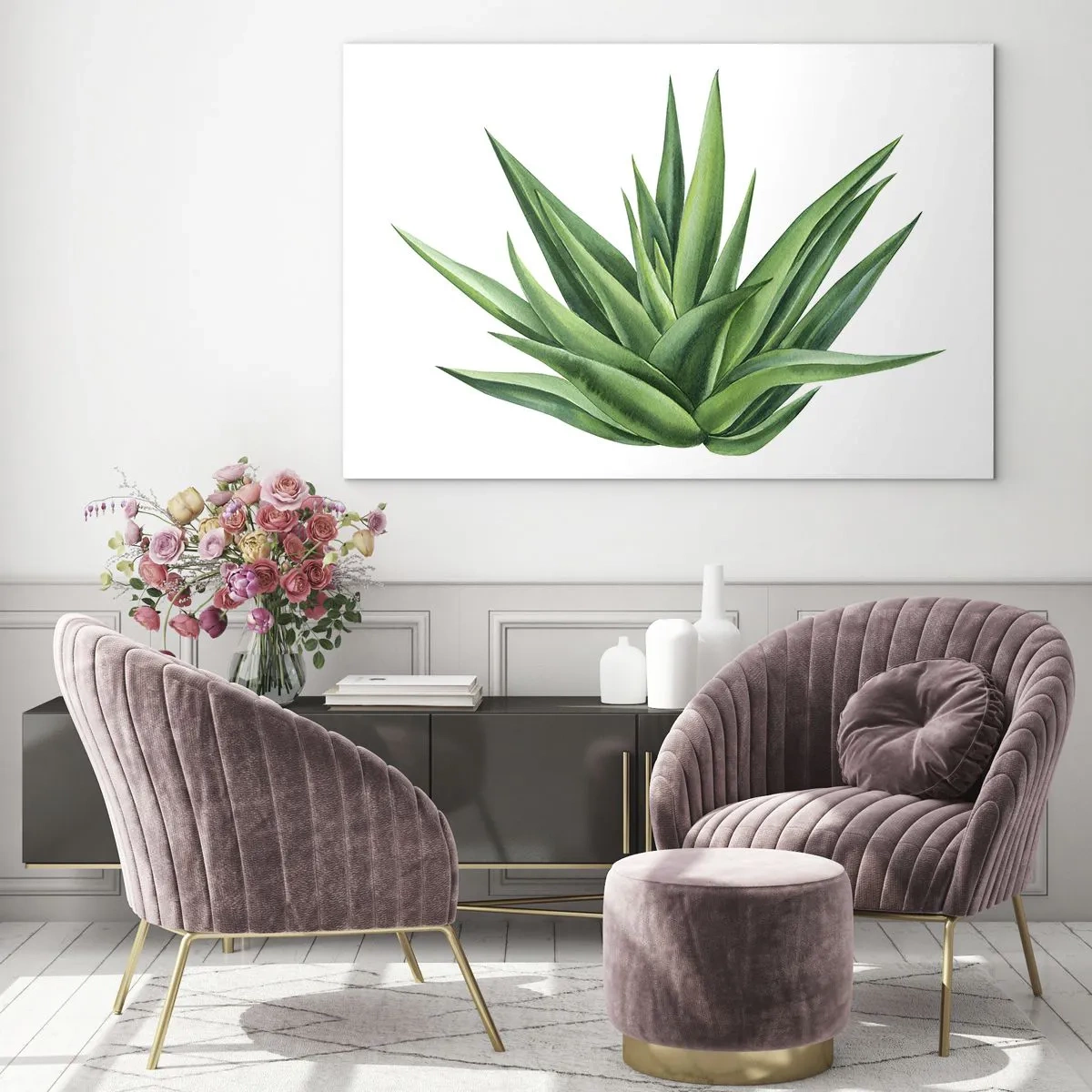 Billede på glas - En grøn plante med kødfulde blade på en hvid baggrund - 70x50cm - Grøn - styrke - liv - Moderne vægdekoration til stue og soveværelse ARTTOR