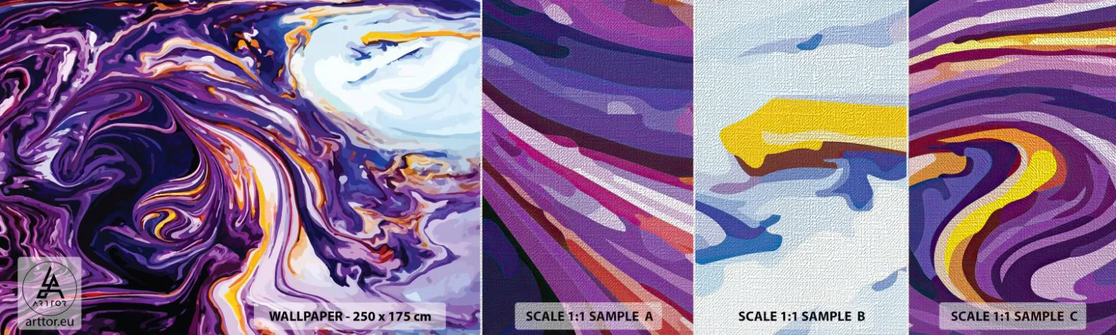 Prøve Fototapet Premium Canvas - Rummets bøjning i lilla - Abstraktion, Stykke, Moderne mønster - 100x30 cm