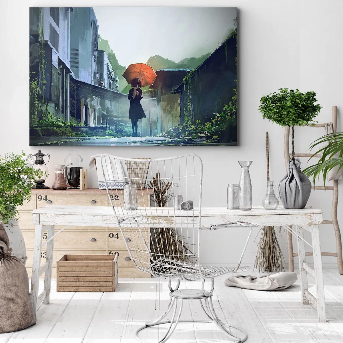 Lærredstryk - Billede på lærred - En figur med en paraply i en regnfuld by - 70x50cm - Revitaliserende regn - Moderne vægdekoration til stue og soveværelse ARTTOR