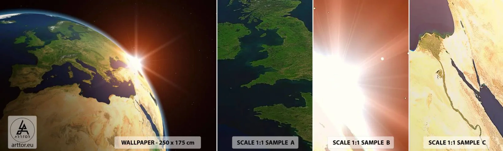 Fototapet Prøve Standard Eco - Solopgang - Kosmos, Globus, Kontinenter - 100x30 cm