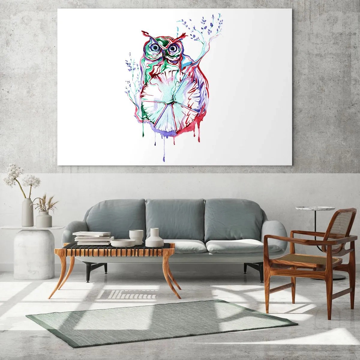 Billede på glas - Abstrakt ugle i en farverig akvarelkomposition - 70x50cm - Klog af natur - Moderne vægdekoration til stue og soveværelse ARTTOR
