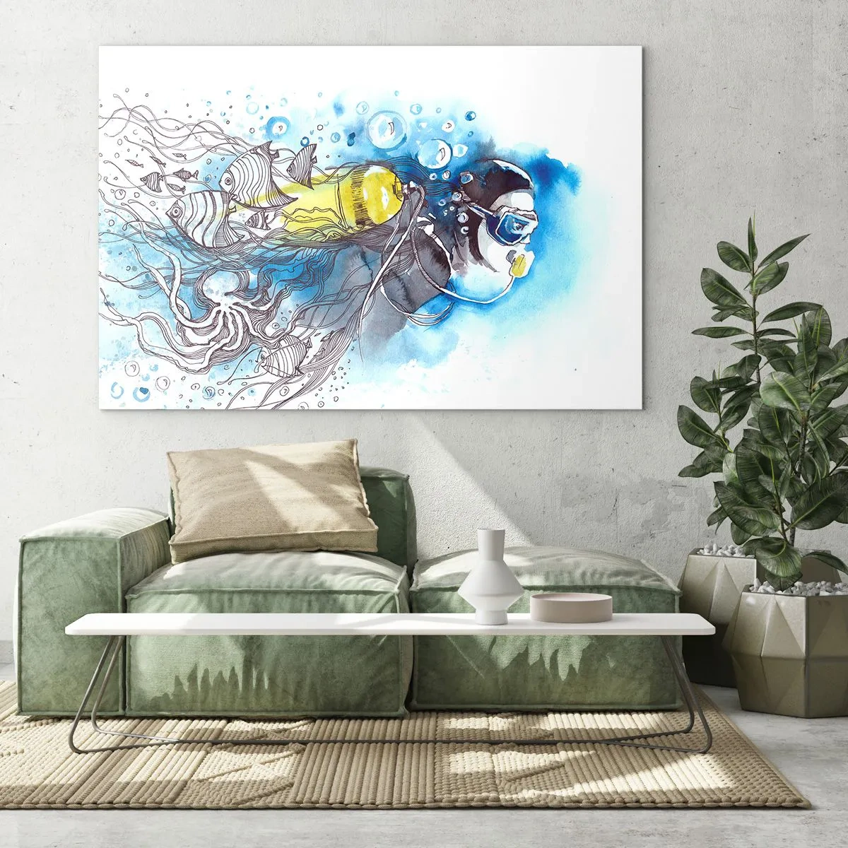 Billede på glas - Dykker under vandet med fisk i kunstnerisk akvarel - 70x50cm - Stor blå - Moderne vægdekoration til stue og soveværelse ARTTOR