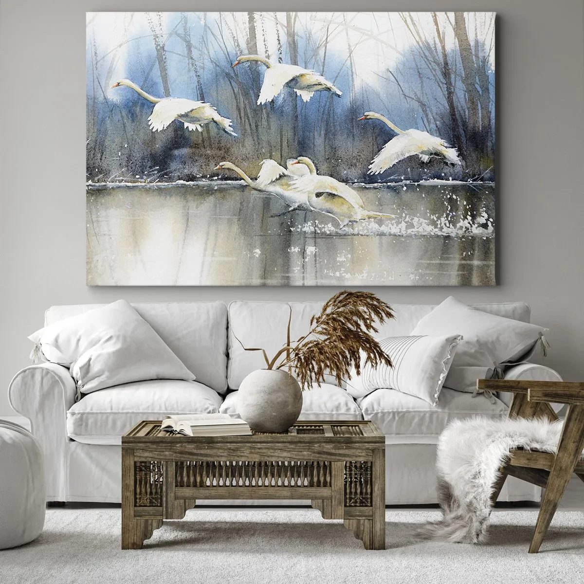 Lærredstryk - Billede på lærred - Svaner i flugt over en frossen sø i et vinterlandskab - 70x50cm - Som i en fortælling om vilde svaner - Moderne vægdekoration til stue og soveværelse ARTTOR