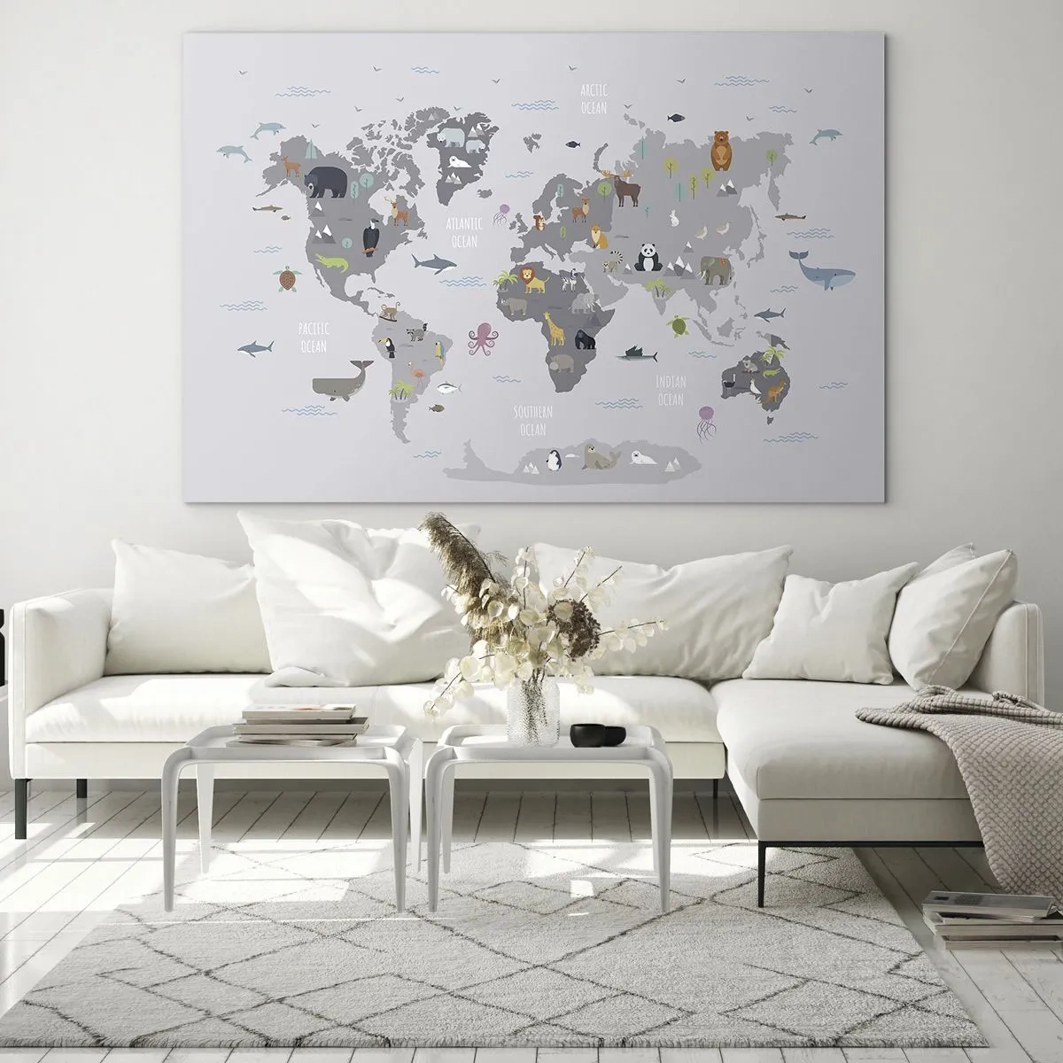 Billede på glas - Illustreret verdenskort med karakteristiske dyr - 70x50cm - Fortæl mig, hvor du er fra... - Moderne vægdekoration til stue og soveværelse ARTTOR