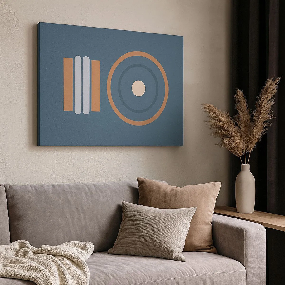 Lærredstryk - Billede på lærred - En geometrisk komposition med cirkler og rektangler i dæmpede farver. - 70x50cm - Essensen af tingene - Moderne vægdekoration til stue og soveværelse ARTTOR