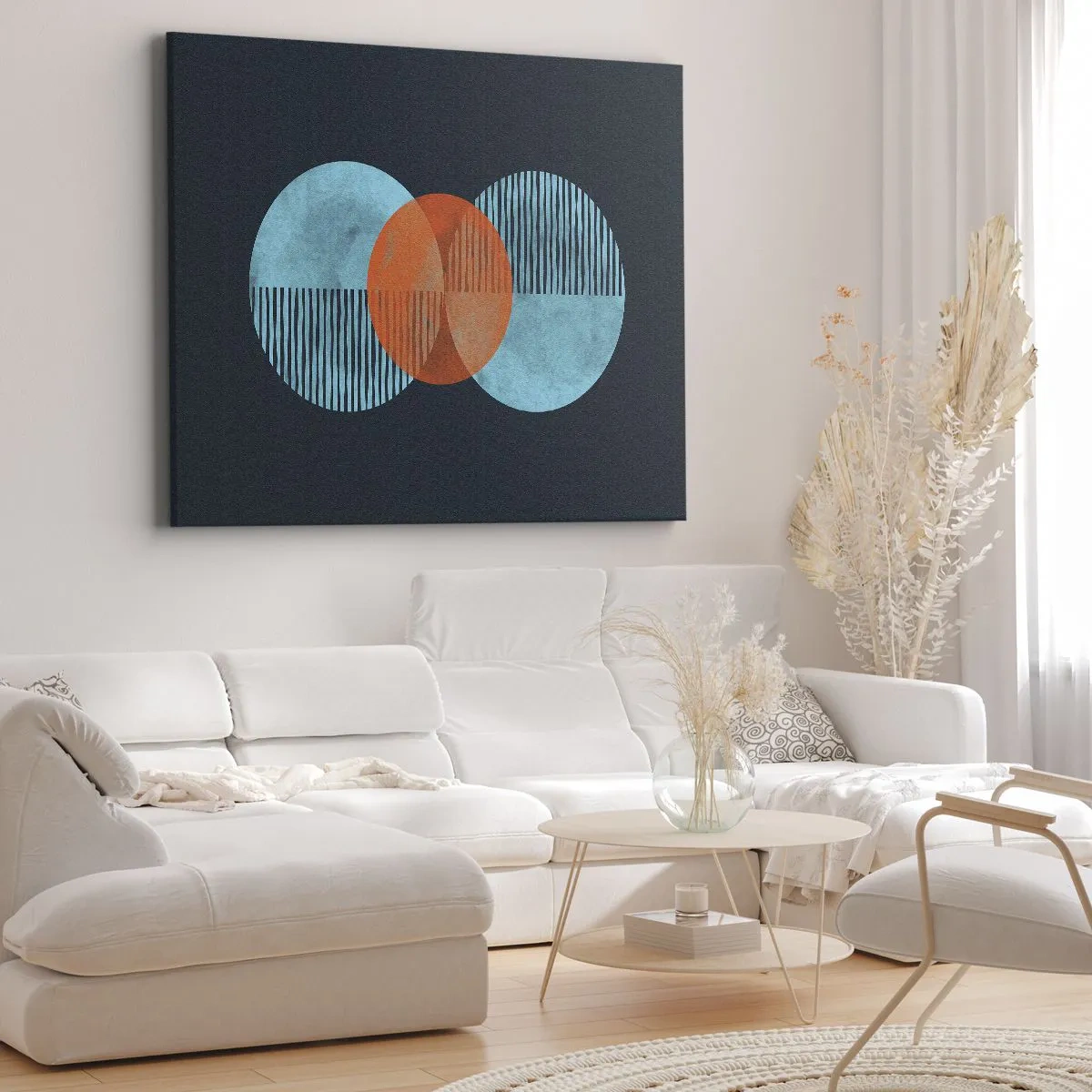 Lærredstryk - Billede på lærred - Geometriske cirkler i nuancer af blå og orange - 70x50cm - Symmetrisk sammensætning - Moderne vægdekoration til stue og soveværelse ARTTOR