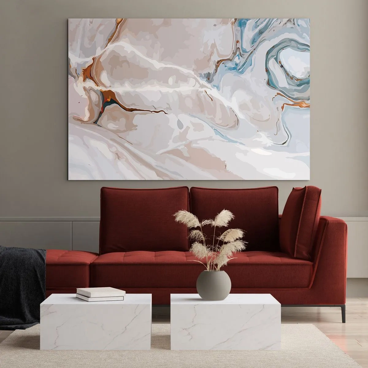 Billede på glas - Kunstnerisk mønster i neutrale toner med blå accenter - 70x50cm - Blå slynger sig under det hvide - Moderne vægdekoration til stue og soveværelse ARTTOR