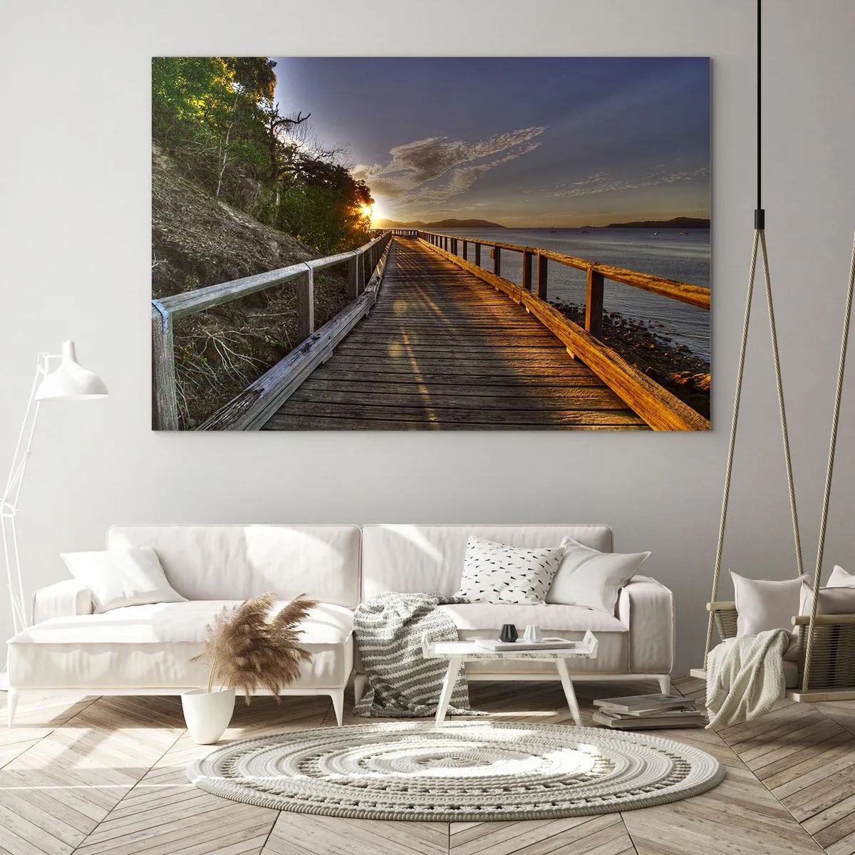Billede på glas - Træbro ved solnedgang - 70x50cm - Gå, bliv ved med at gå mod solen - Moderne vægdekoration til stue og soveværelse ARTTOR
