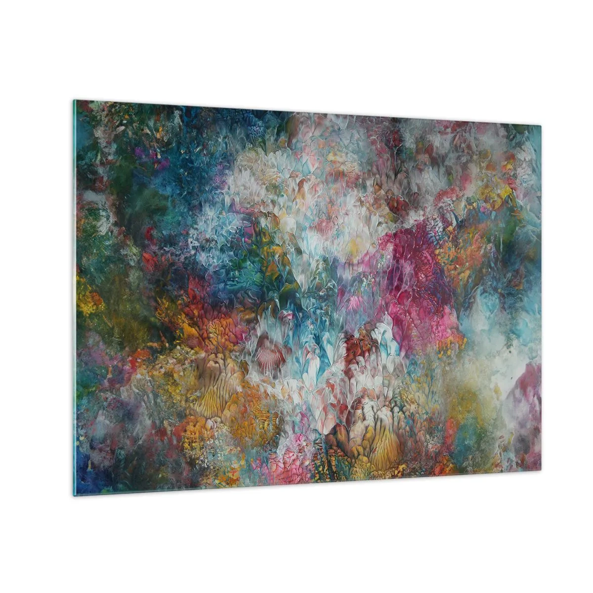 Billede på glas - En abstrakt komposition af farverige blomster i intense farver. - 70x50cm - I fuldt flor - Moderne vægdekoration til stue og soveværelse ARTTOR
