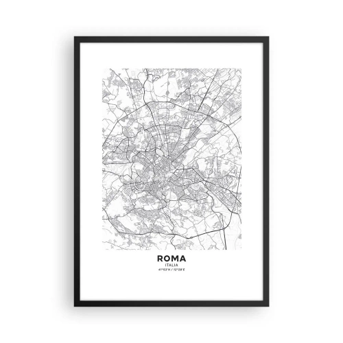 Plakat i sort ramme - Sort-hvidt kort over Rom med detaljerede gader og monumenter - 50x70cm - Romersk cirkel - Moderne vægdekoration til stue og soveværelse ARTTOR