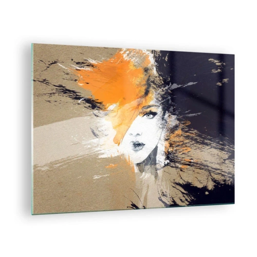 Billede på glas - Abstrakt portræt af en kvinde med orange accenter - 70x50cm - Og det bliver let - Moderne vægdekoration til stue og soveværelse ARTTOR