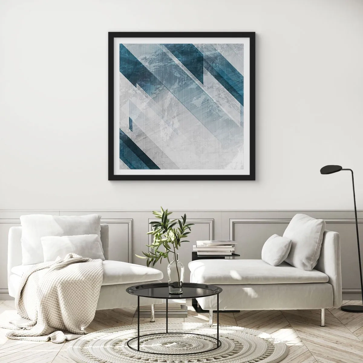Plakat i sort ramme - Rumlig komposition - bevægelse af gråtoner - 60x60 cm