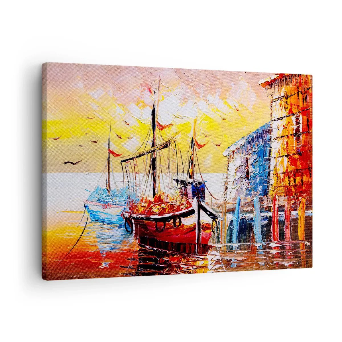 Lærredstryk - Billede på lærred - Malerisk havn ved solnedgang med fiskerbåde - 70x50cm - Glædelig tilbagevenden - Moderne vægdekoration til stue og soveværelse ARTTOR
