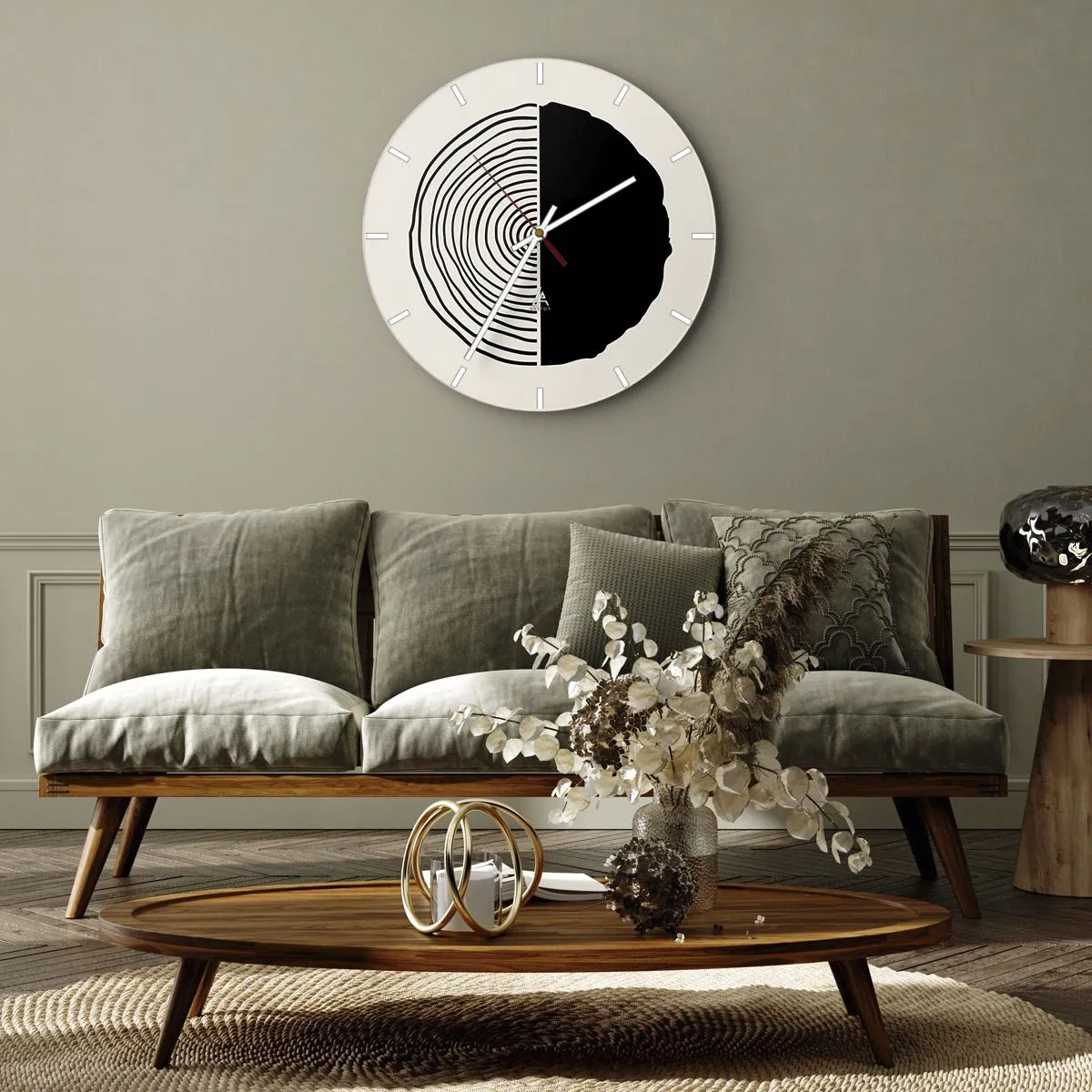 Vægur, Uret - Et minimalistisk motiv af et tværsnit af en bagagerum i kontrastfarver - 30x30cm - Halvt og halvt - Moderne vægdekoration til stue, køkken og soveværelse ARTTOR