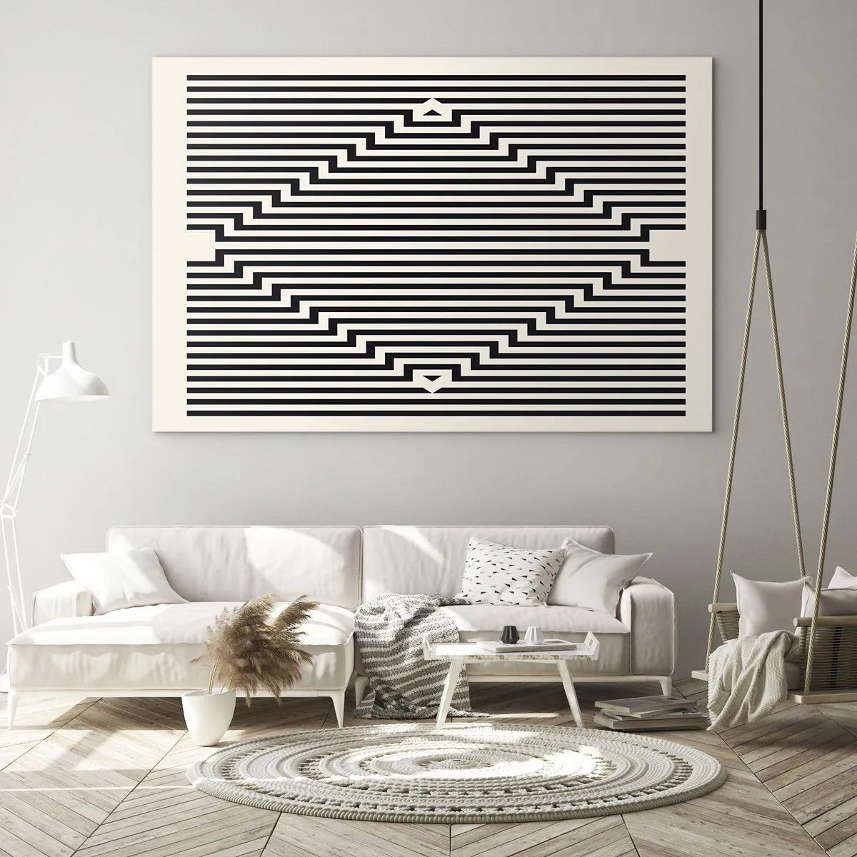 Billede på glas - Et fascinerende mønster af sorte og hvide linjer skaber en illusion - 70x50cm - Geometrisk illusion - Moderne vægdekoration til stue og soveværelse ARTTOR
