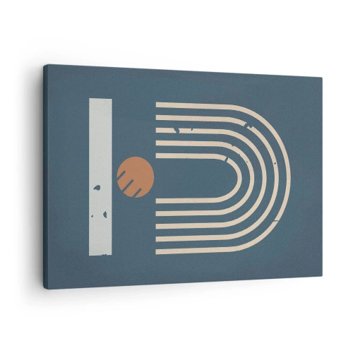 Lærredstryk - Billede på lærred - Geometrisk mønster i nuancer af marineblå, beige og orange på en mørk baggrund - 70x50cm - Geometri på granatæble - Moderne vægdekoration til stue og soveværelse ARTTOR