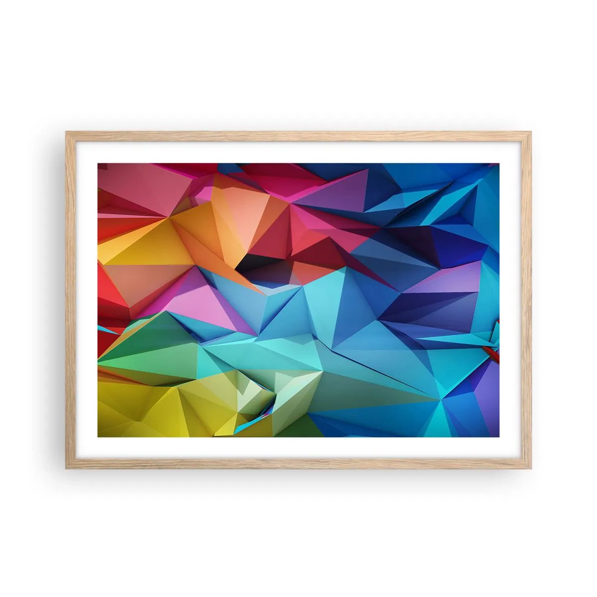 Plakat i ramme af lyst egetræ - Regnbue origami - 70x50 cm