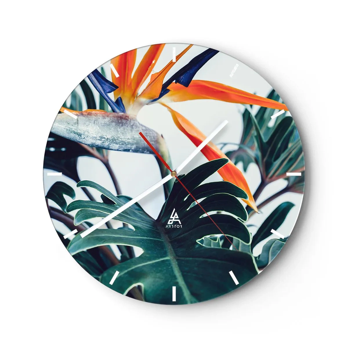 Vægur, Uret - Tropiske blade og en strelitzia-blomst på en lys baggrund - 30x30cm - Fuglebur - Moderne vægdekoration til stue, køkken og soveværelse ARTTOR