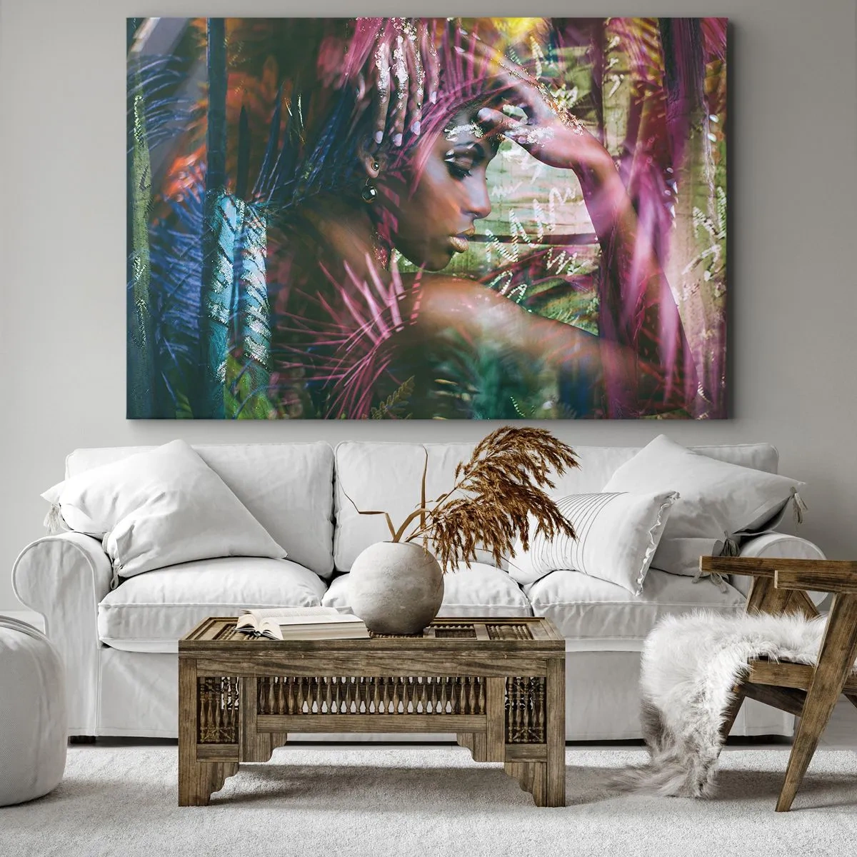 Lærredstryk - Billede på lærred - Portræt af en kvinde omgivet af eksotisk vegetation - 70x50cm - Moder Natur i junglen - Moderne vægdekoration til stue og soveværelse ARTTOR