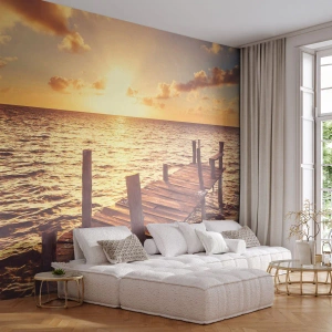 Fototapet Premium Sand - Gyldent land af blidhed - Landskab, Hav, træbro - 100x70 cm