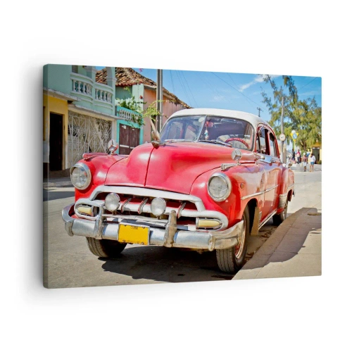 Lærredstryk - Billede på lærred - En rød klassisk bil parkeret på gaden på en solskinsdag - 70x50cm - Kun på Cuba - Moderne vægdekoration til stue og soveværelse ARTTOR