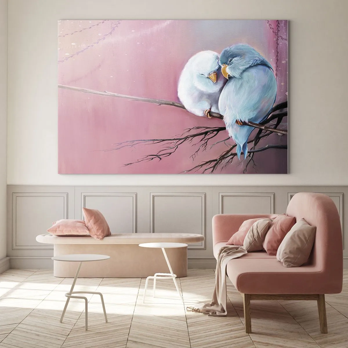 Billede på glas - To turtelduer sidder på en gren mod en lyserød baggrund - 70x50cm - Hvad er der at tilføje?.... - Moderne vægdekoration til stue og soveværelse ARTTOR