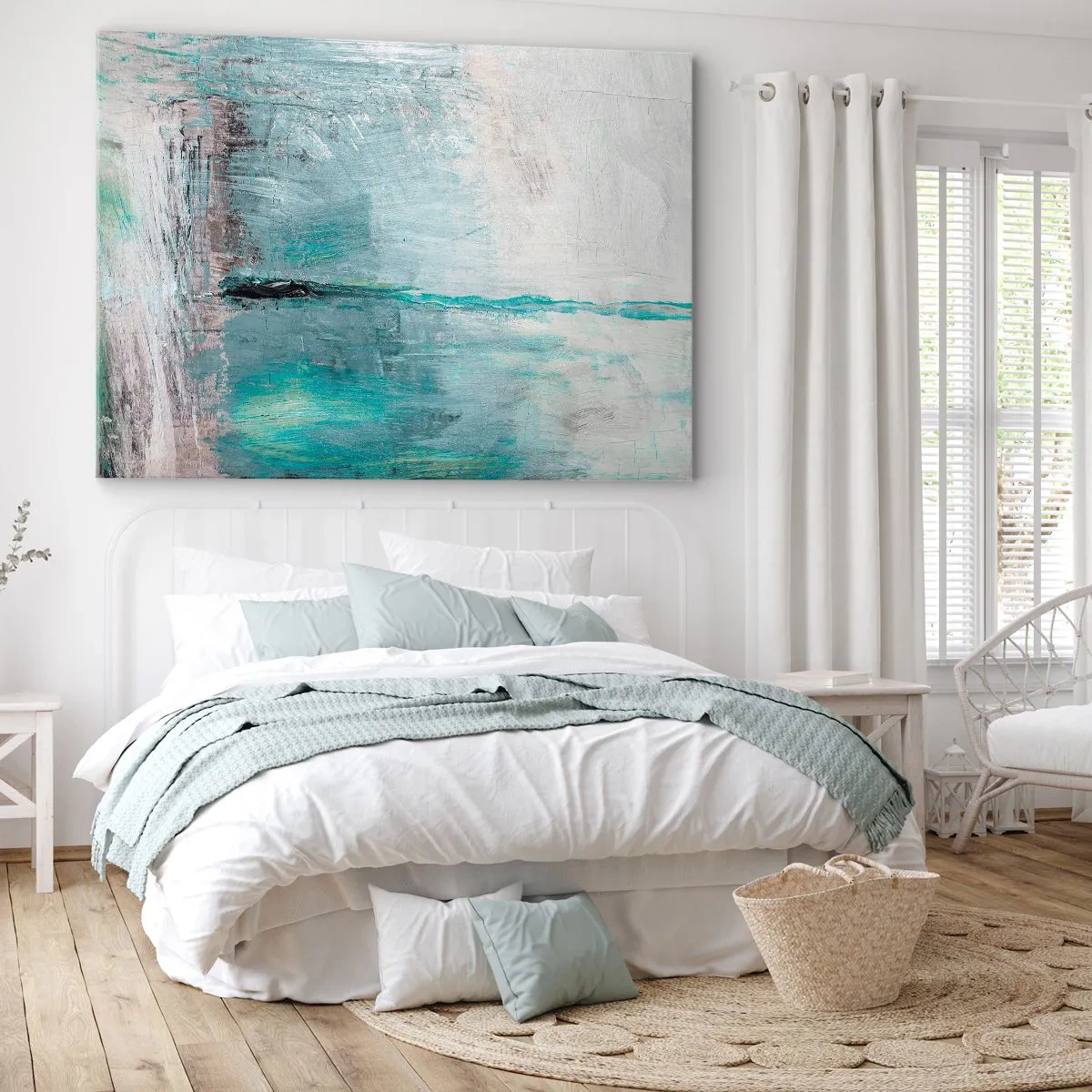 Lærredstryk - Billede på lærred - Abstraktion i turkis og grå nuancer - 70x50cm - Horisontalt med blå farve - Moderne vægdekoration til stue og soveværelse ARTTOR